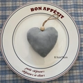 Gray plush heart Christmas ornament with wood bead and hemp rope for DIY decor - Heart B - Grey