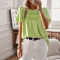 Women's green short sleeve top with textured fabric and delicate lace trim detail - Light Green