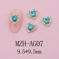 Macro detail of heart-shaped nail charm MZH-AG07 with blue crystal and gold rhinestone border - Cyan Blue Style(AG07)