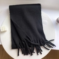 Solid black heavyweight plush winter scarf with fringe details in a minimalist style - 230*35cm / 01# Black
