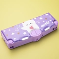 Large capacity purple lilac plastic stationery box with cute cartoon cat and 4 buttons - Purple Bear
