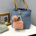 Blue denim mini bucket bag keychain with plush charms and yellow leather strap - Orange Red