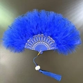 Elegant blue feather folding fan with gold lace detailing and a matching blue tassel - Lace Blue