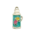 Retro teal enamel kettle charm with pink and yellow floral patterns for DIY jewelry - Green Teapot