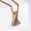 Golden Viking axe pendant necklace with intricate Nordic totem carvings on a box chain - Gold (Pendant Only)