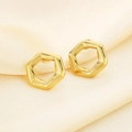 Close-up of golden geometric hexagonal stud earrings on elegant silk fabric - Hexagonal Hollow Style (KE114140-KFC)