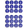 Navy blue round Christmas advent stickers with yellow stars and numbers 1 to 24 - 4 Blue Numbers
