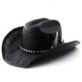 Detail of woven straw cowboy hat with black and white feathers and decorative band - M(56-58cm) / Black (With Eyelets)