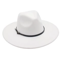 Detail view of a white wool felt fedora with a black leather belt strap and metal buckle - White (Belt Style)