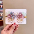 Children flower hair clips with long pearl tassels and colorful resin petals in purple and pink - 100# Magic Color Beauty Pair Clips