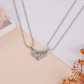 Collier cœur puzzle en acier titane avec gravure I Love You et détails en cristal blanc - Paire de Coeurs en Argent