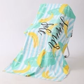 Striped light blue beach towel featuring yellow bananas and tropical leaves for summer sale - A-Blue White Stripe Banana and Tropical Leaf