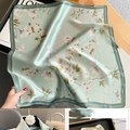 Mint green square silk scarf featuring white magnolia floral patterns and a dark green border - New Silk Scarf Small Square Scarf Size 55 / 65