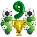 Detail of soccer party set with green number 9 balloon and gold champion trophy - Number 9 Theme