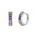 Detailed view of S925 silver huggie earrings with rainbow baguette-cut zircon inlay - Platinum Multi Color Zirconia