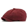 Retro red and black herringbone newsboy cap with octagonal structure and short brim - Adjustable (56-60cm) / Wine Red Herringbone