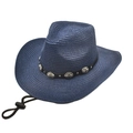 Navy blue straw cowboy hat with a metal-buckled black band and chin strap for travel - M (56-58cm) / Navy Blue