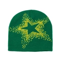 Green knit beanie with yellow pixelated star pattern, trendy outdoor cycling cold hat - M (56-58cm) / Green