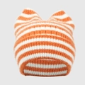 Detail of the soft striped knit texture and 3D cat ears on the orange and white winter hat - One Size / Orange