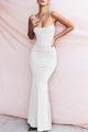 Elegant white slim fit long dress with pleated texture and thin spaghetti straps - S / White