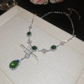 Macro detail of luxury water drop green gemstone pendant necklace on jewelry tray - 18# Silver Green Water Drop Style