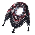 Bohemian paisley scarf in navy and red with intricate floral patterns and black fringes - 115*115cm