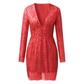 Sparkly deep V-neck sequined cocktail dress in bright red with long sleeves - S / Red