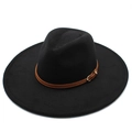 Classic black wide-brim fedora hat with brown leather band and gold buckle detail - 57-59cm / Black