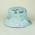 Close-up of mint green bucket hat with hand-painted floral print and stitched brim - M(56-58cm) / Green