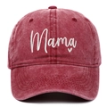 Detail of burgundy washed cotton baseball cap with white Mama embroidery and heart - Adult Adjustable / Burgundy