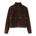 Women's vintage dark brown suede jacket with stand collar and large pockets - XS / Coffee