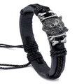 Pulsera artesanal de cuero PU negro para hombre con dije de cabeza de lobo plateada y hueso - Cabeza de Lobo-Plata