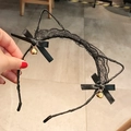 Black lace cat ear headband with elegant black ribbons and small golden bells - Bell Lace Cat Ears / Black