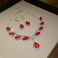 Close-up of sparkling waterdrop red rhinestone necklace and earrings bridal jewelry set - Red Oval Necklace 2pcs Set (17#)