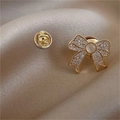 Elegant gold bow brooch with cat eye stone and sparkling diamonds on champagne satin - Bowknot Shape (90246B)