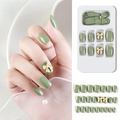 Green press-on nails set F785-16 featuring 24 pieces with elegant 3D bow decorations - F785-16 Green With Beige Bow