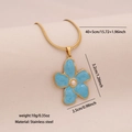 Gold stainless steel chain necklace with blue enamel flower and white pearl pendant - 3# Flowers