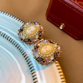 Vintage gold plated floral stud earrings with cameo and purple rhinestones for women - Silver Pin - Purple Cameo Portrait / Purple Portrait (9#)