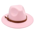 Detalle de sombrero fedora rosa de fieltro con banda de gamuza marrón y hebilla de metal - M (56-58cm) / Rosa (Cuerda Amarilla)