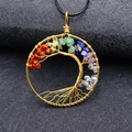Handmade golden Tree of Life necklace with colorful natural chakra stones on black leather - Gold Slanted Tree of Life