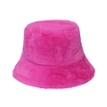 Close-up of thick fuchsia faux fur texture on warm winter bucket hat with a soft finish - Adult size 56-58cm / Deep Rose Red