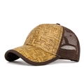 Brown woven straw mesh baseball cap with breathable back and neutral casual style - Brown Yellow Straw Patchwork Dark Brown Mesh Style / Khaki