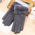 Gants d'hiver gris pour femmes en suédine avec poignets en peluche et joli nœud - Taille unique / Daim Synthétique Nœud-Gris (Double Épais)