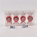 Close-up of four 12cm red and white swirl candy ornaments in clear box with silver strings - Set 17 (Red Swirl Candy 12cm - 4pcs)