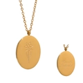 Gold stainless steel oval necklace with March Daffodil flower engraving and back detail - March Daffodil