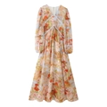 Floral V-neck dress with long lantern sleeves and lace panels in orange pink - S / Rainbow