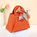 Orange leather wedding favor bag with handle and decorative floral patterned silk scarf - Orange (Floral Satin)