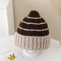 Macro detail of thick knit striped beanie with soft ribbed cuff in warm earth tones - 2-5 Years Old / Brown