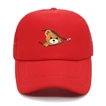 Detail of red mesh trucker hat featuring cartoon teddy bear and breathable back panels - M (56-58cm) / Red