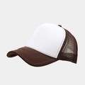 Detail of two-tone trucker hat featuring brown mesh back and white structured front panel - Adjustable / Brown and White Patchwork